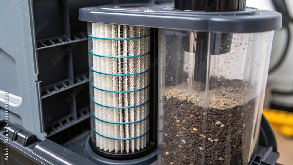 Poster A closeup of the intricate filtration system installed within the cleaning apparatus emphasizing the layered filters and transparent container filled with collected debris.