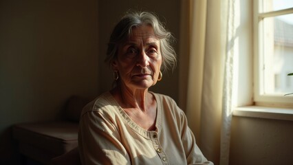Pensive Middle-Aged Turkish Woman with Gold Earrings in Bright Room
