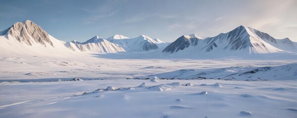 Snow-covered terrain and mountains of Spitsbergen in a serene winter landscape , arctic, wilderness, mountain