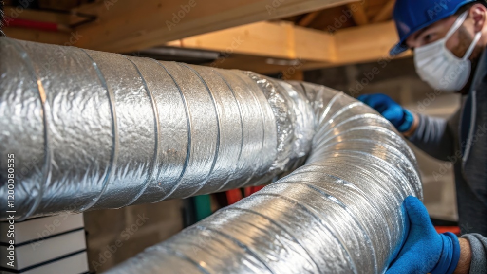 Poster a closeup of thermal insulation being applied to the energy recovery ductwork showcasing the technic