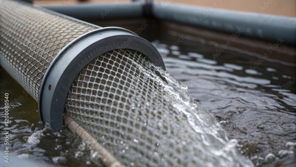 Poster a closeup of the pumps intake screen revealing fine mesh details that filter out debris with water f