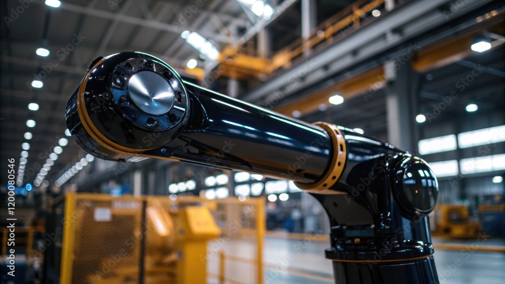 Poster a closeup of the robotic arms surface reflecting the ambient light of the industrial environment sho