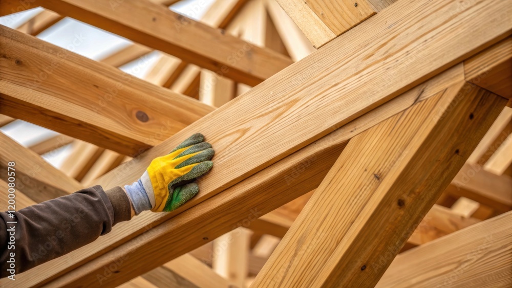 Poster a closeup of the texture of the wooden trusses the grain visible with a workers gloved hand gently b