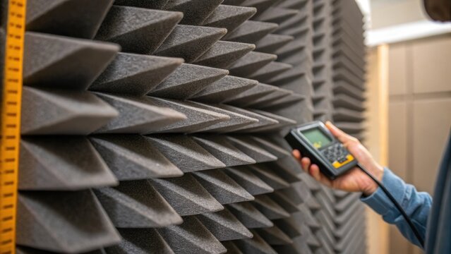 A closeup of the soundproofing material being tested showcasing its textures and layered structure as an engineers hand holds a measuring device nearby.