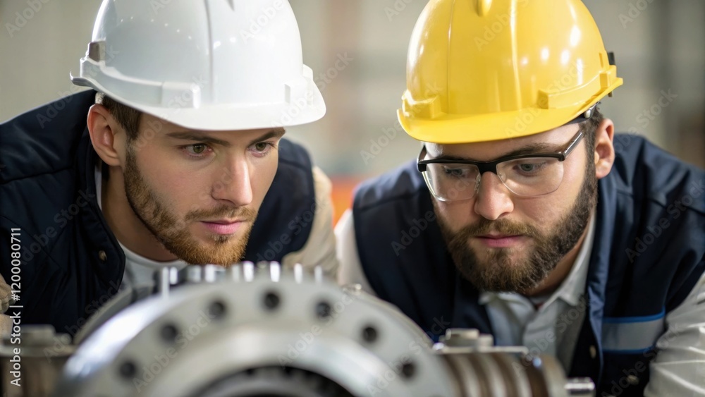 Aufkleber A closeup of two engineers studying a complex machine part together with their focused expressions captured emphasizing collaboration and precision.