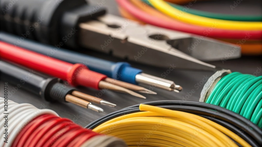 Poster A closeup of various wire gauges and colors being prepared and with precision tools emphasizing the variety and careful selection of materials used in the wiring process.