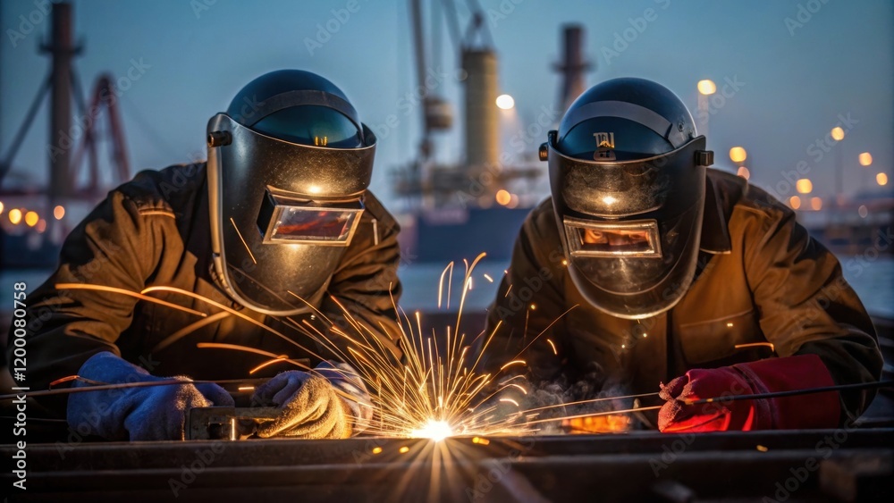 Poster a closeup of welders at work sparks flying as they join metal parts together with the soft hum of ma