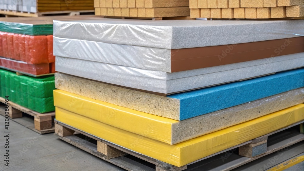 Fototapete a closeup of various insulation materials stacked on pallets highlighting colors and texturesthe smo