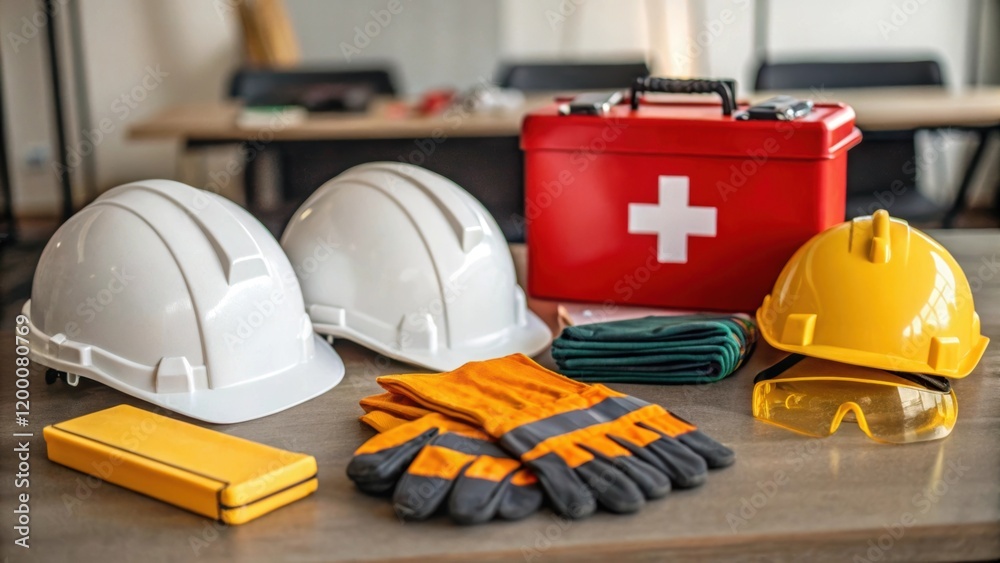 Poster a closeup of various safety equipment laid out on a workbench including helmets gloves and a firstai