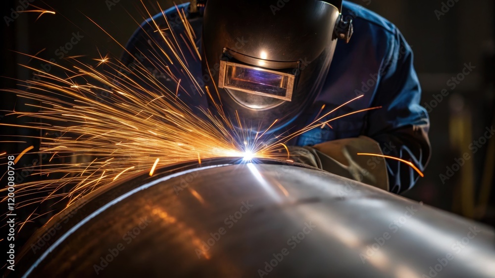 Poster A closeup of welding sparks flying as a worker uses a torch to seal a joint on a boiler the heat reflected in their protective gear and the surrounding area.
