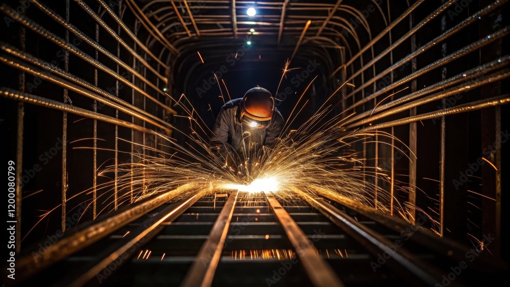 Poster a closeup of welding sparks flying as a worker joins metal pieces illuminating the dark tunnel and h