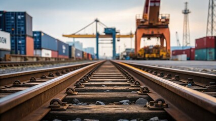 Fototapeta premium A closeup of tracks leading into a loading dock with view of heavy industrial machinery in the background illustrating the connection between rail and industry.