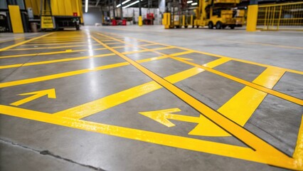 A closeup of vibrant yellow safety markings on the warehouse floor guiding workers and equipment during the crane installation process.