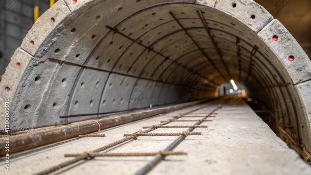 Poster A closeup shot of a concrete tunnel lining segment its rough surface textured with rebar and marks from the casting process ready for installation in the underground transit