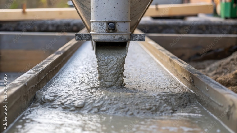 Poster A closeup shot of a concrete mixer pouring freshly mixed concrete into a section of the canal capturing the flow and mixing process in action.