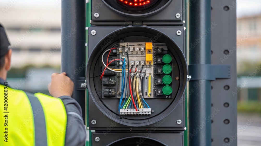 Aufkleber A closeup shot of a modern traffic signal with multiple lights showing the intricate wiring inside the housing as a team member adjusts the internal components.