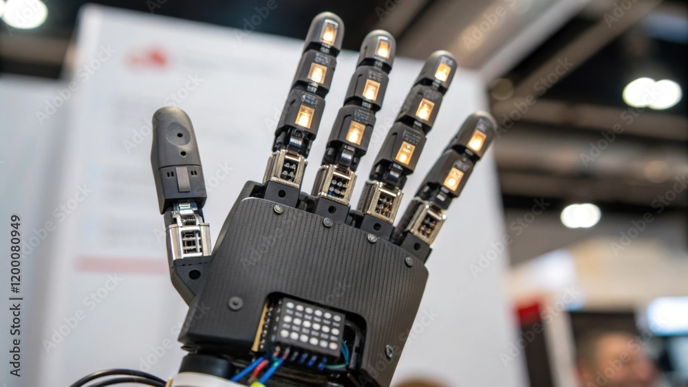 Fototapete A closeup shot of a robotic hand equipped with multiple fingertips each designed for different tasks highlighting the advanced tactile sensors embedded in the tips.