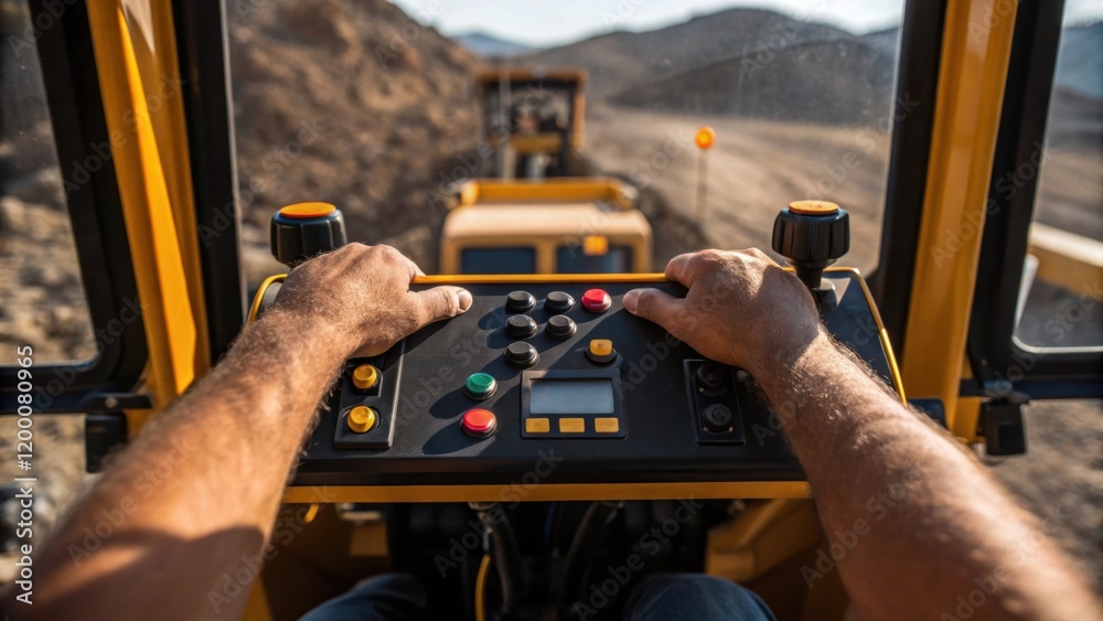 Aufkleber A closeup shot of a quarry workers hands adjusting controls on a heavy machinery interface with the rugged exterior of the machine framing the scene.