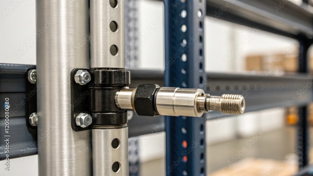 Aufkleber A closeup shot of a specialized connector piece being fitted into two upright posts of a storage rack highlighting the precise engineering and robust materials involved.