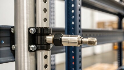 A closeup shot of a specialized connector piece being fitted into two upright posts of a storage rack highlighting the precise engineering and robust materials involved.