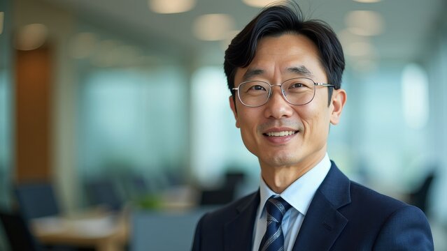 Confident middle-aged South Korean man in formal attire smiling in modern office setting with copyspace