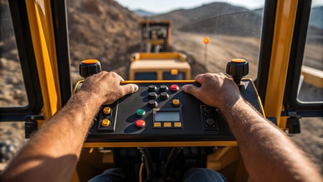 A closeup shot of a quarry workers hands adjusting controls on a heavy machinery interface with the rugged exterior of the machine framing the scene.