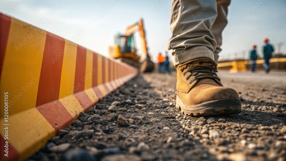 Poster a closeup shot of a workers boot stepping on the rough gravel ground beside the barrier construction