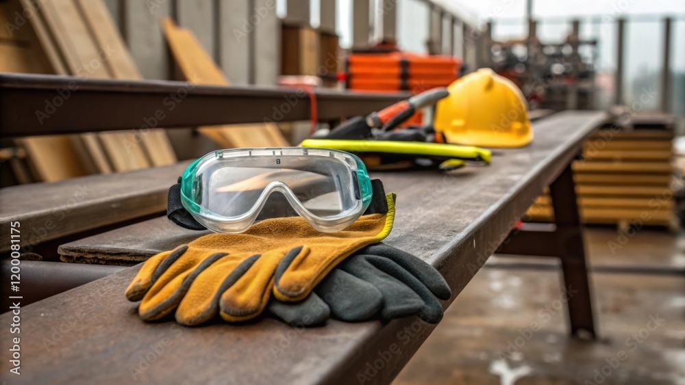 Poster a closeup shot of safety gear including gloves and goggles resting on a bench underscoring the impor