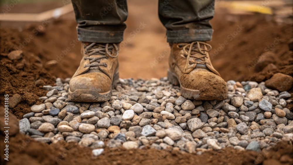 Aufkleber a closeup showing a workers muddy boots standing on the freshly laid ballast embedding small stones 