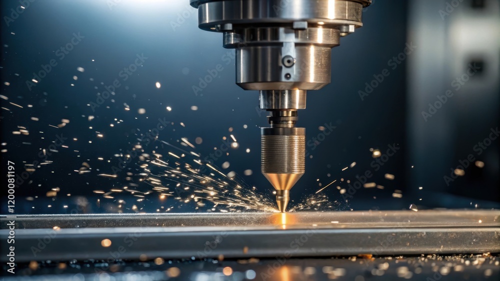 Fototapete A closeup showing a CNC machine bit carving precise threads into a steel rod with tiny metallic particles flying and a focused light illuminating the process.