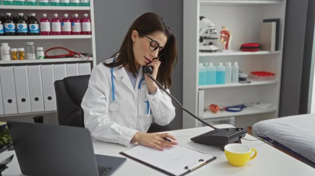 Woman doctor in clinic talking on phone writing notes wearing glasses indoors with medical supplies and a laptop around.
