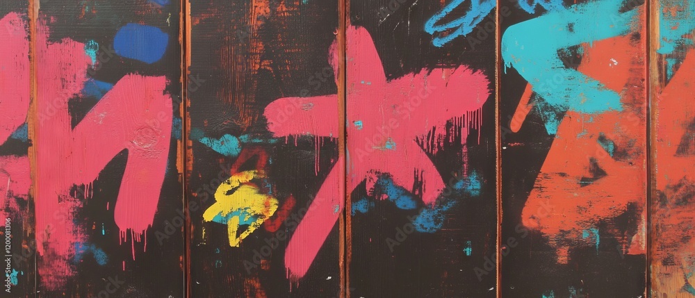 Poster vibrant graffiti artwork on weathered wooden boards displaying colorful patterns and textures