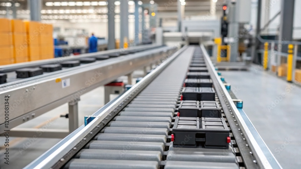 Aufkleber A closeup view of a conveyor belt system transporting prefabricated components emphasizing the efficiency of automation in handling materials.