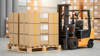 A closeup view of a pallet loaded with boxes capturing the variety of sizes and shapes while a forklifts forks are positioned to lift it anew.
