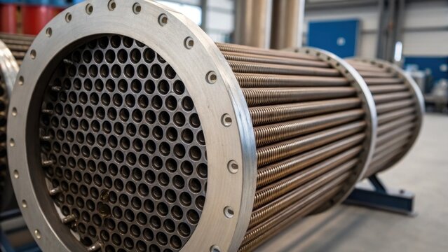 A closeup view of a heat exchangers tube bundle shows intricate arrangements of tubes with various textures highlighting areas of thermal expansion and heat transfer efficiency.