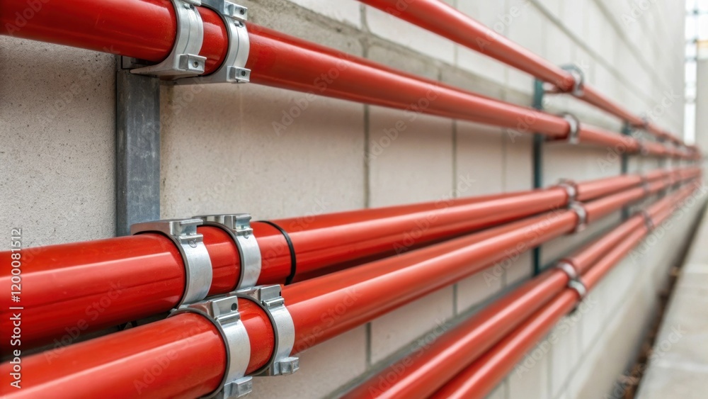 Poster a closeup view of fire suppression tubing being tightly secured with clamps along a wall emphasizing