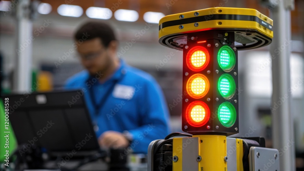 Poster A closeup view of feedback lights on an assembly robot glowing in various colors indicating operational status and the interplay of human oversight.
