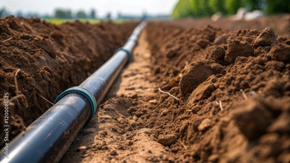 Poster A closeup view of soil being compacted around newly installed irrigation pipes highlighting the texture of the earth as it forms around the infrastructure.