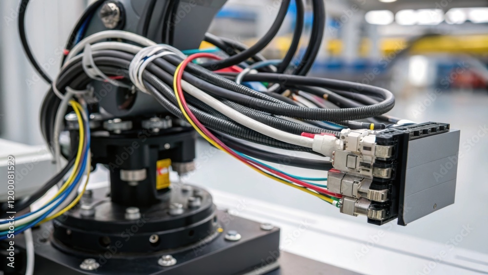 Poster A closeup view of intertwined cables and connectors on a robotic arms base emphasizing the complexity of the wiring and the advanced control systems.