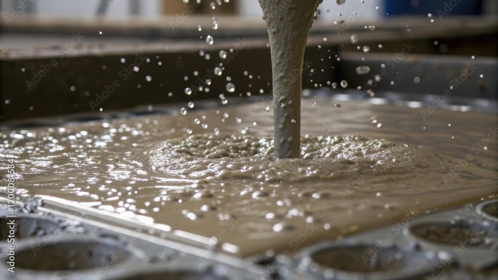 Poster A closeup view of concrete being poured from a mixer into a mold glistening and freshly mixed with droplets splashing against the surrounding forms.