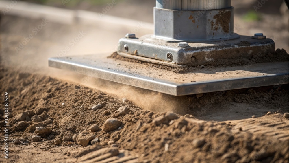 Poster a closeup view of the compactors heavy metal plate making contact with the soil dust pluming around 