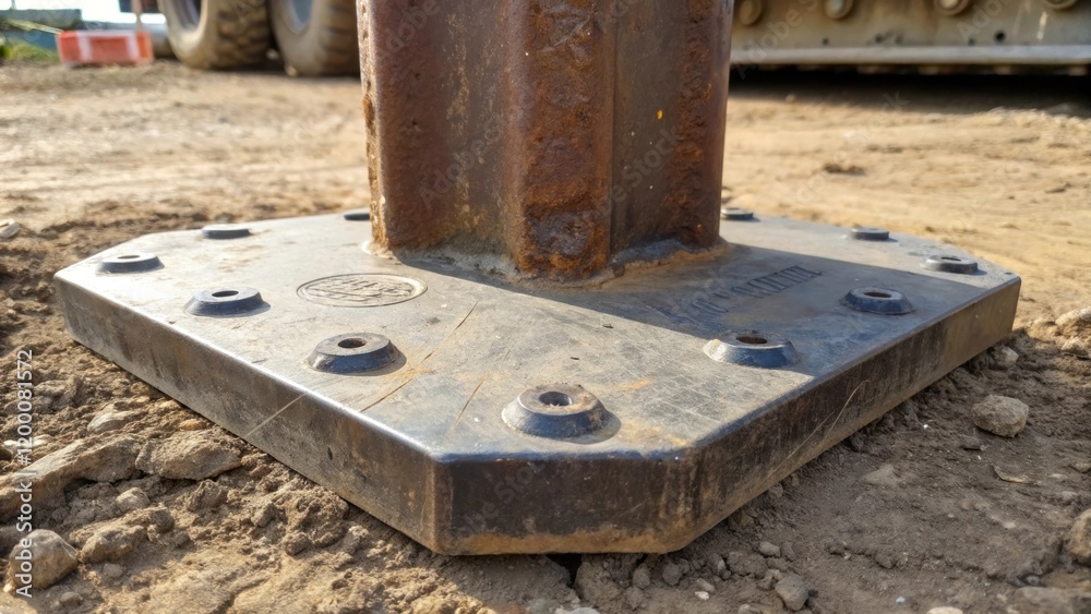 Poster a closeup view of the pile drivers base plate firmly planted on the ground its large steel surface d