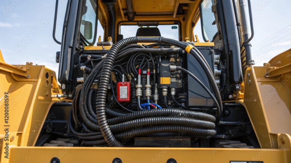 Poster A closeup view of the excavators engine compartment featuring heavyduty components and cables highlighting the robust engineering behind the operation.