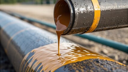 Fototapeta premium A closeup view of the anticorrosion coating being poured from a container highlighting the glossy liquid as it begins to cover the rough surface of the pipeline.