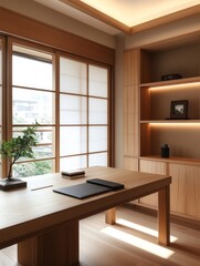 Minimalist Wooden Office With Shoji Screen Window
