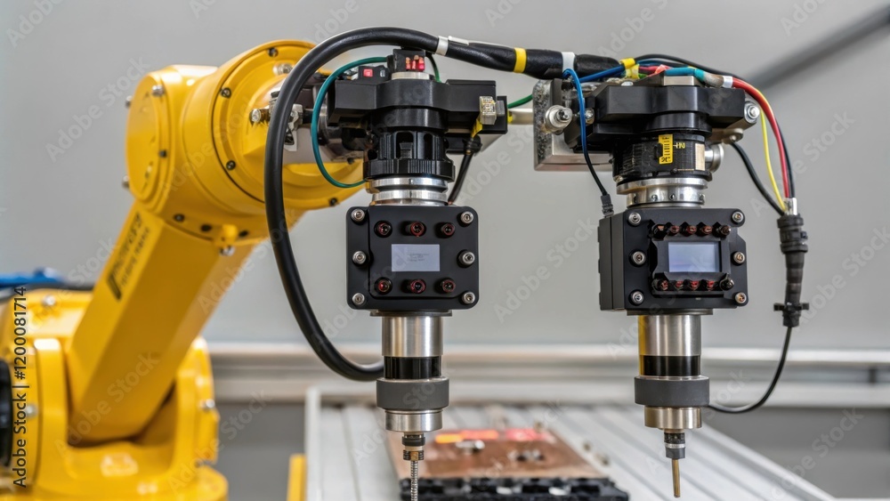 Poster A detailed closeup of sensors mounted on the robotic arm capturing the technology used for position feedback and process control during welding.