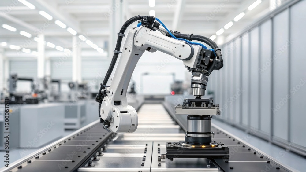 Fototapete A detailed perspective of a robotic arm with multiple joints showcasing the engineering behind its versatility and range of motion during assembly tasks.