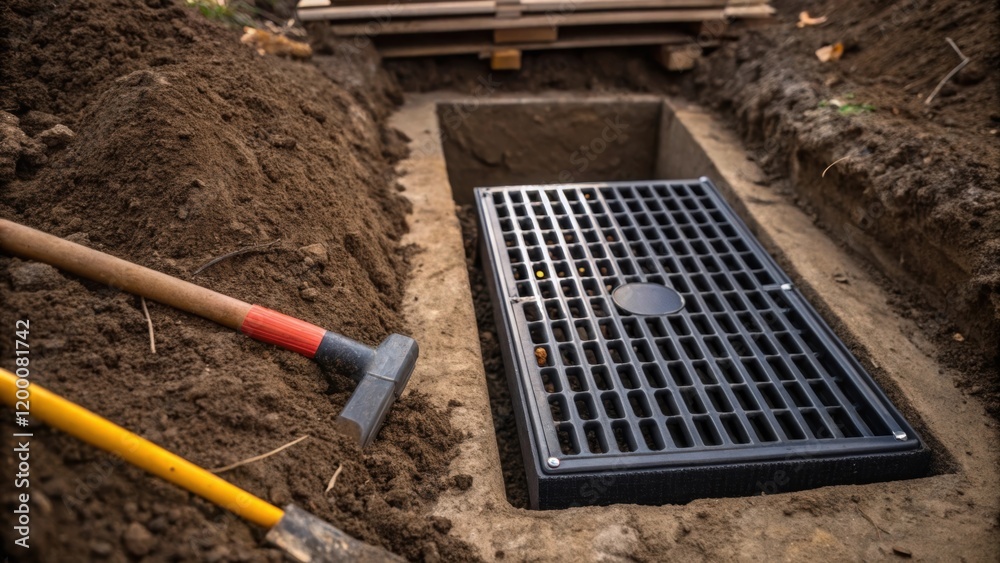 Poster A detailed shot of a drainage inlet being installed highlighting the grating and surrounding soil as well as tools resting nearby for the installation process.