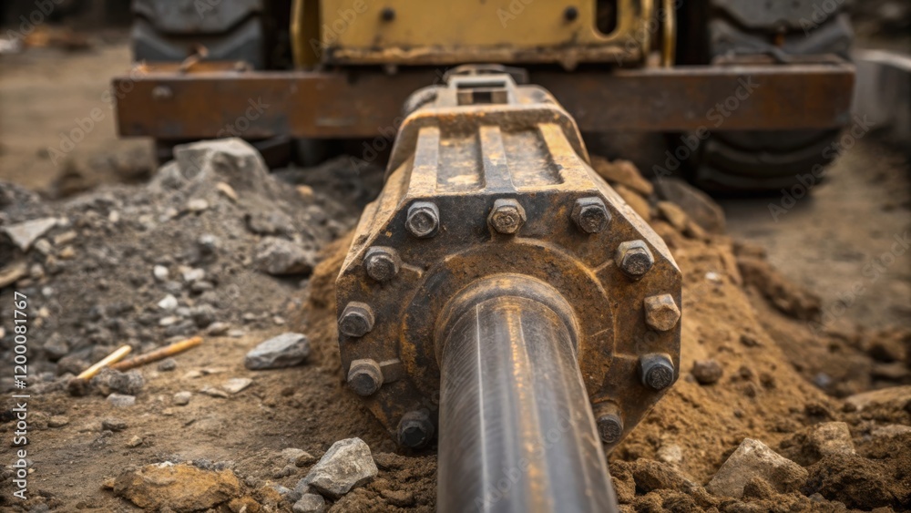 Poster a detailed closeup of the impact tool at the end of the pile driver revealing its rugged surface and