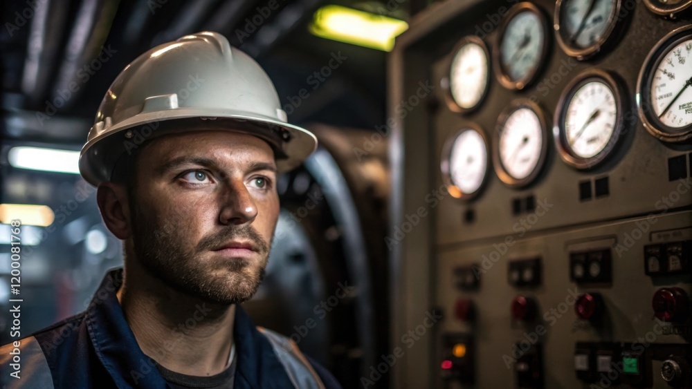 Aufkleber A detailed shot capturing the technicians face illuminated by the harsh lighting within the turbine displaying concentration as they inspect gauges and readouts on the control